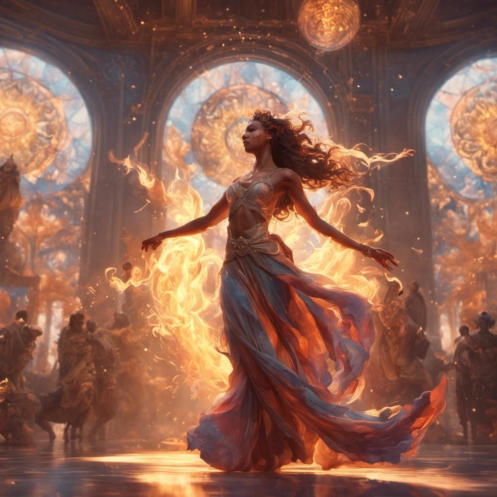 Woman Dancing in Firelight, Hyperdetailed Art Nouveau