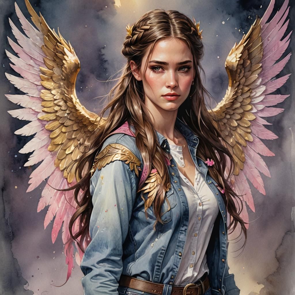 Young Woman with Angel Wings in Watercolor