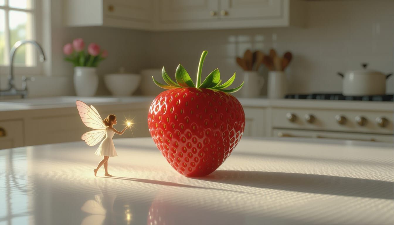 Giant Strawberry Illuminated by Fairy in Realistic Style