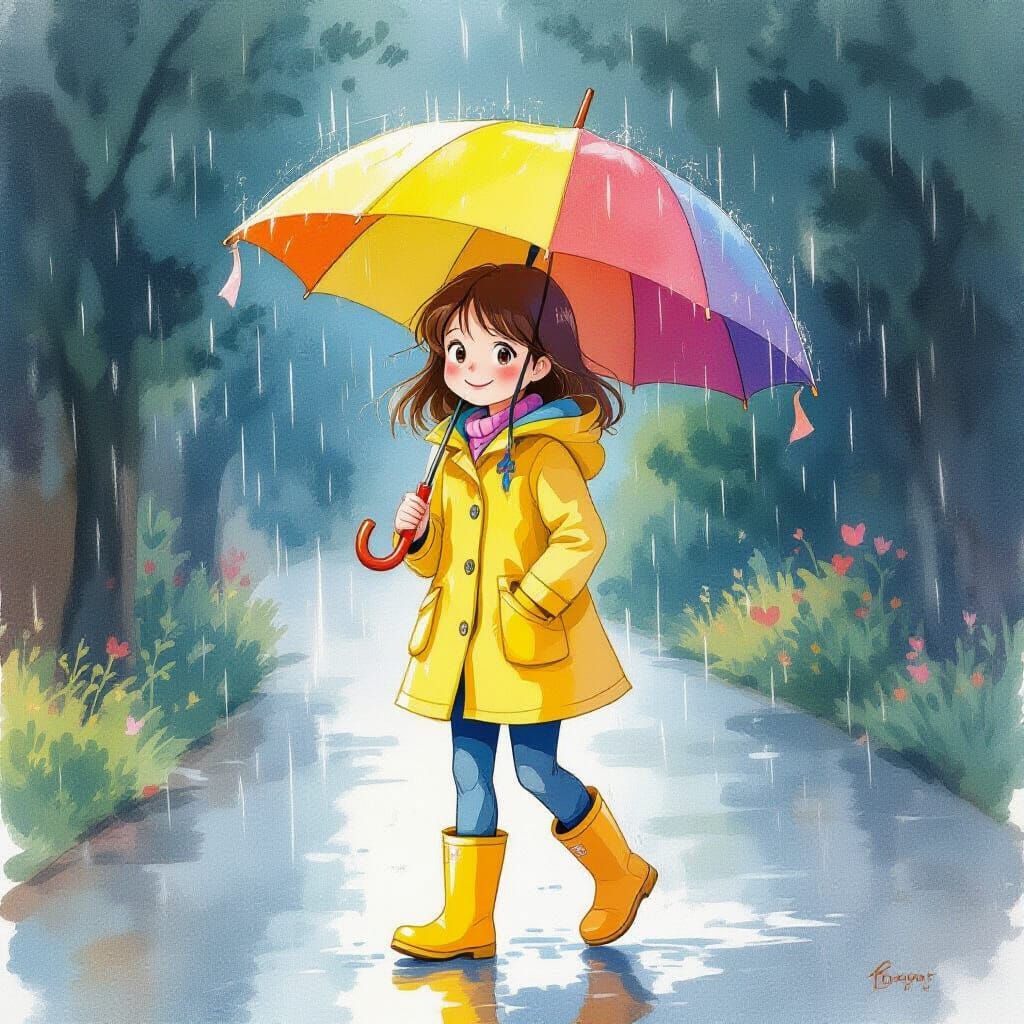 Smiling Girl in Rain, Ghibli-Inspired Watercolor