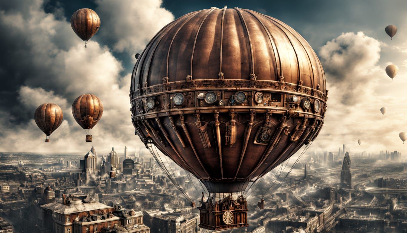 Steampunk Balloon Soaring Over a Moody Cityscape