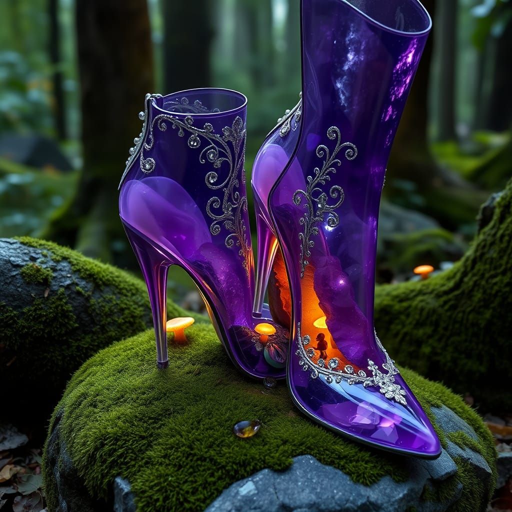 A magical stiletto boots crafted from shimmering amethyst, r...