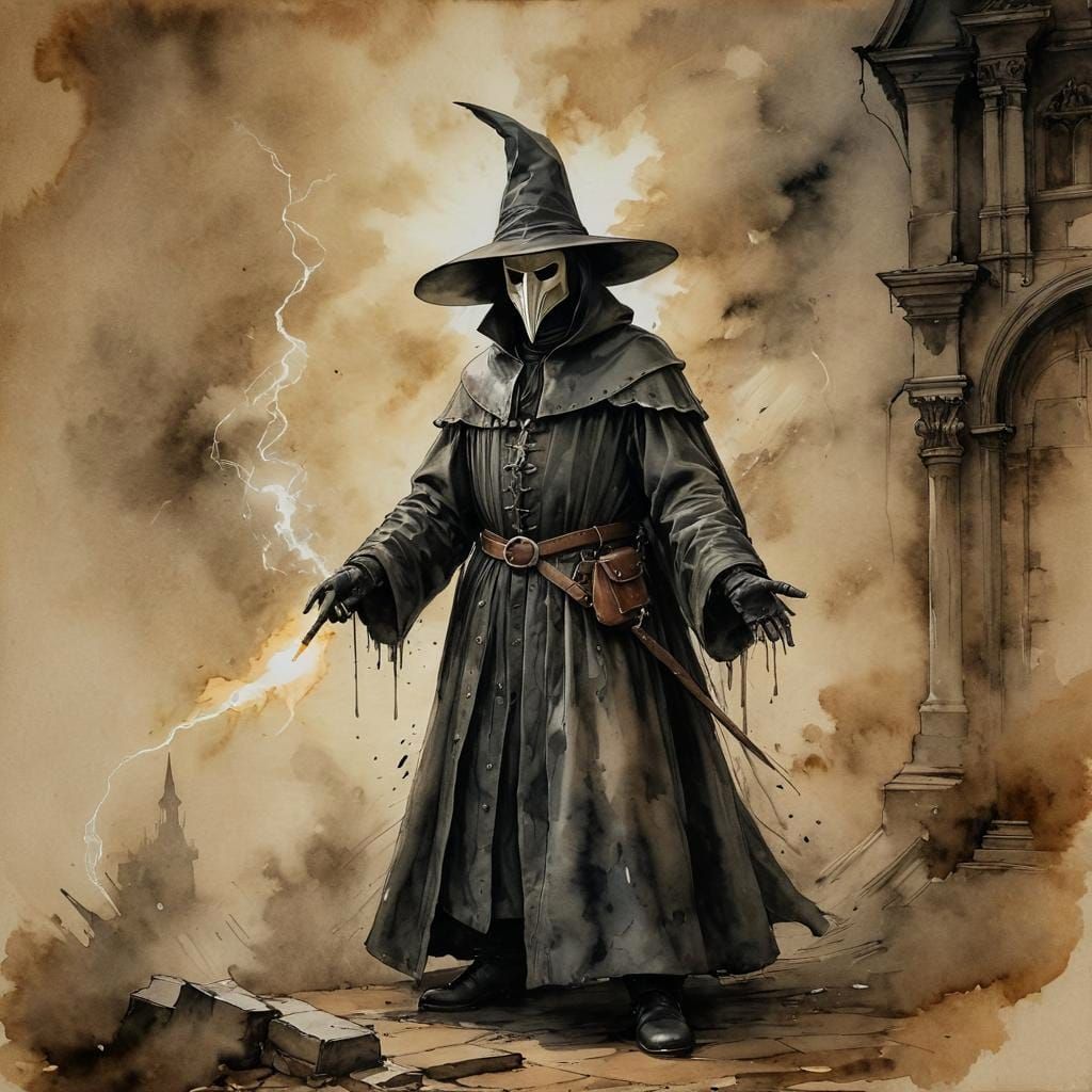 Baroque Plague Doctor in Fog, Watercolor Style