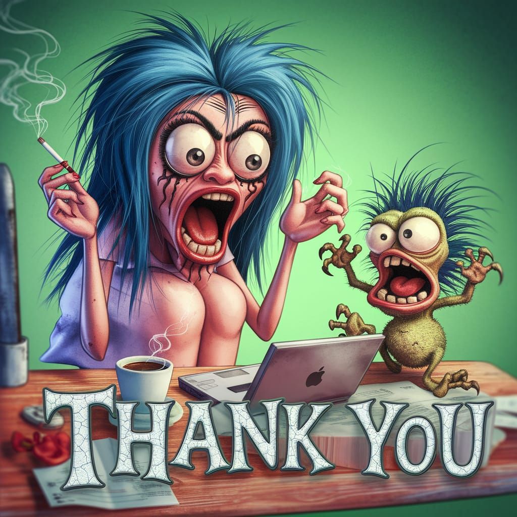 In the style of R. CRUMB, a cartoon woman with long blue hai...