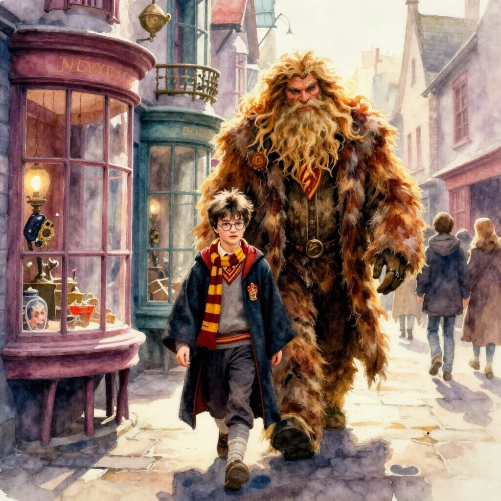 Harry Potter and Hagrid in Diagon Alley Watercolour Painting