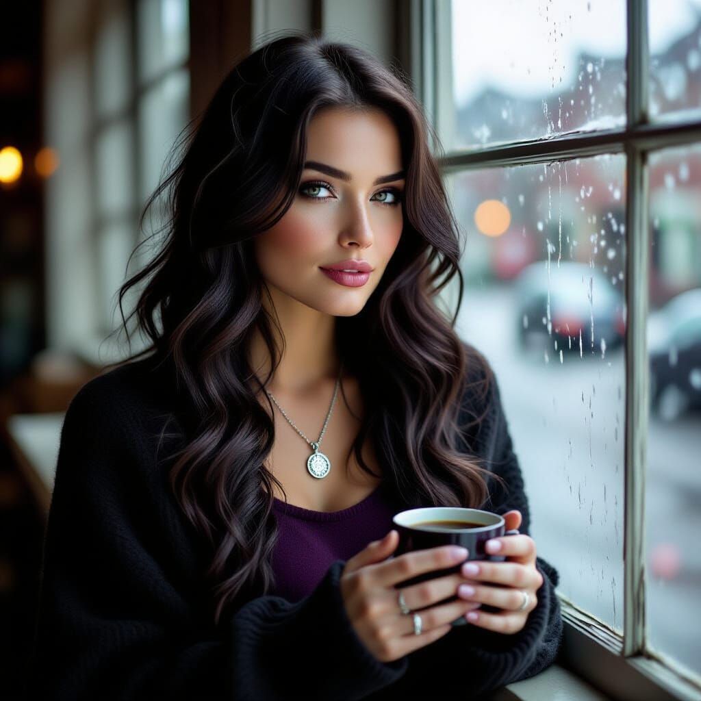 Gothic Woman at Rainy Window, Photo-Realistic Style
