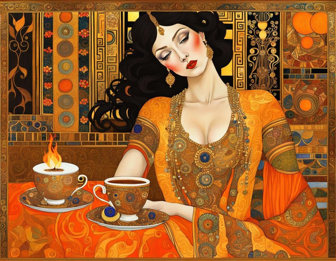 Art Nouveau Collage: Lady in Gold with Orange