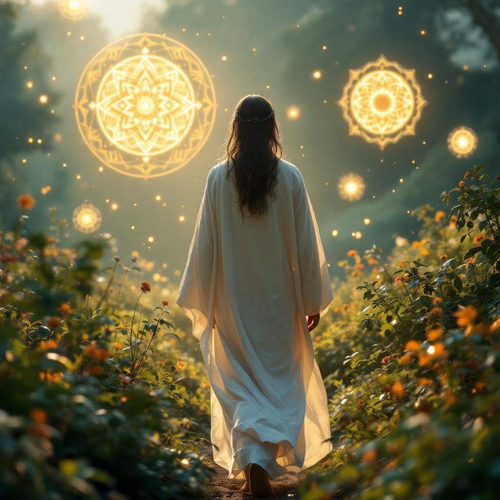 Luminous Figure in Futuristic Geometric Landscape