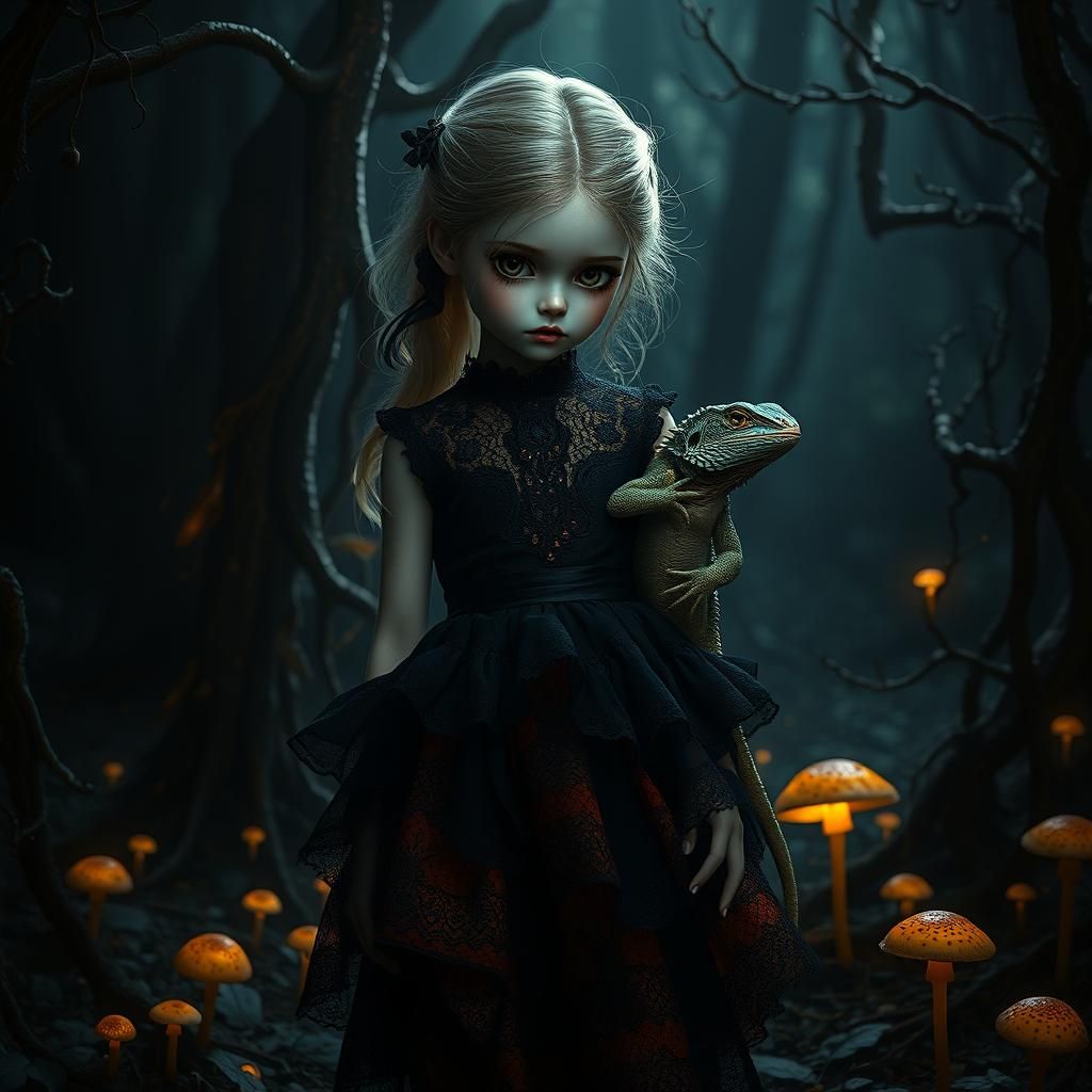 A young girl with an eerie, doll-like face and large, sorrow...