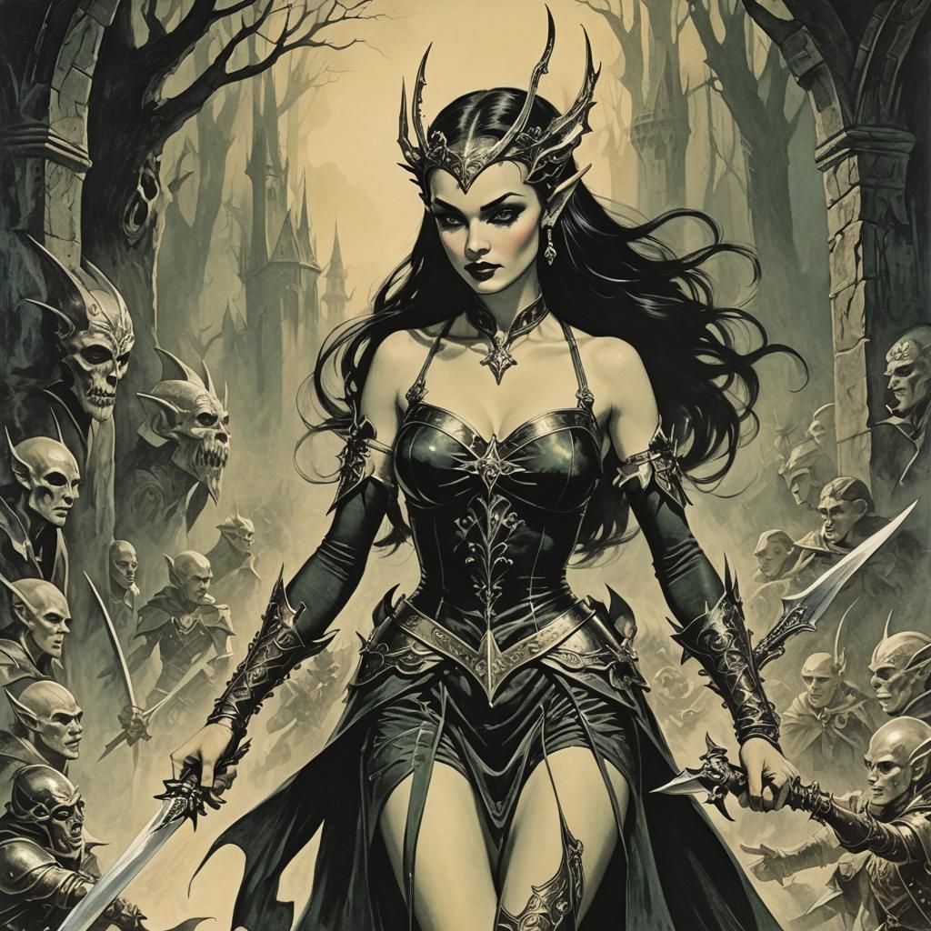 Brom fantasy lithograph, 1950s fantasy comic, elven blade dancer, gothic fantasy,