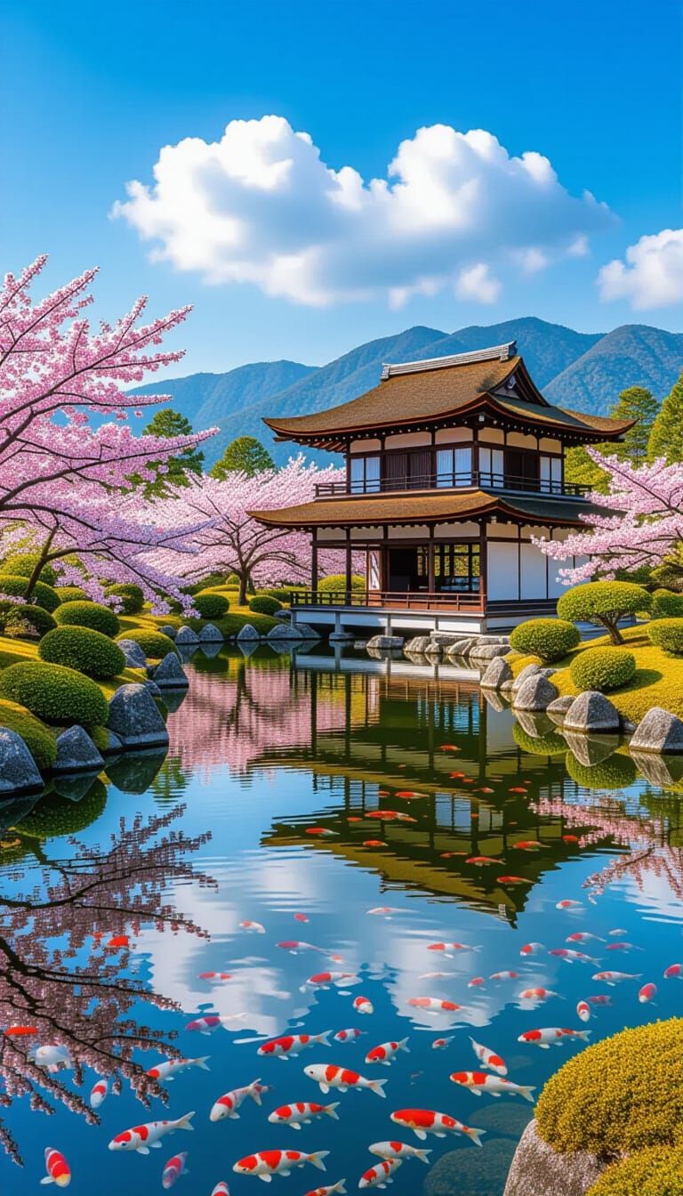Tranquil Japanese Garden with Koi Pond and Cherry Blossoms