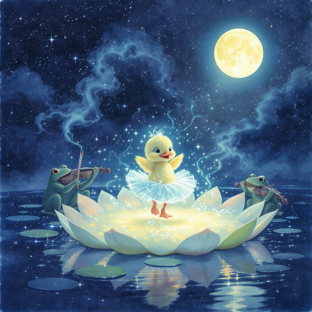 Duckling Ballerina on Lily Pad, Dreamy Watercolor