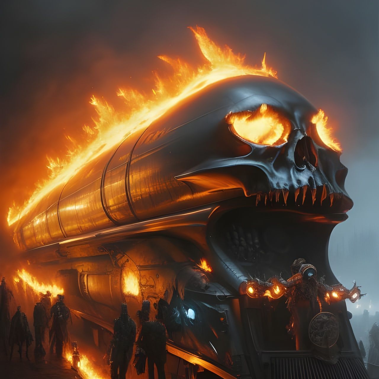 Fiery Skull Train Wreck in Steampunk Demonpunk Style