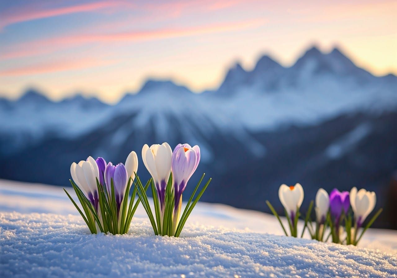 Delicate Crocus Flowers Emerge in a Winter Wonderland Scene
