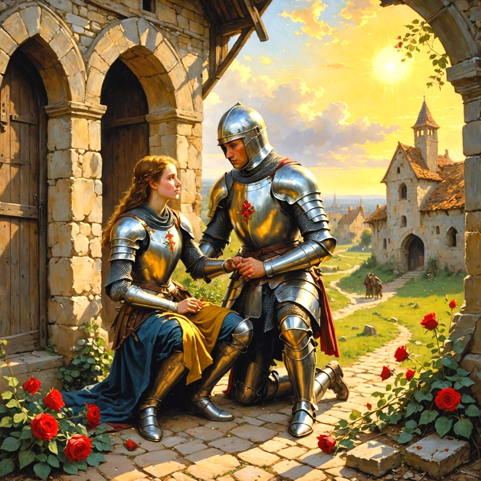Knight Offers Rose to Peasant Woman in Medieval Painting