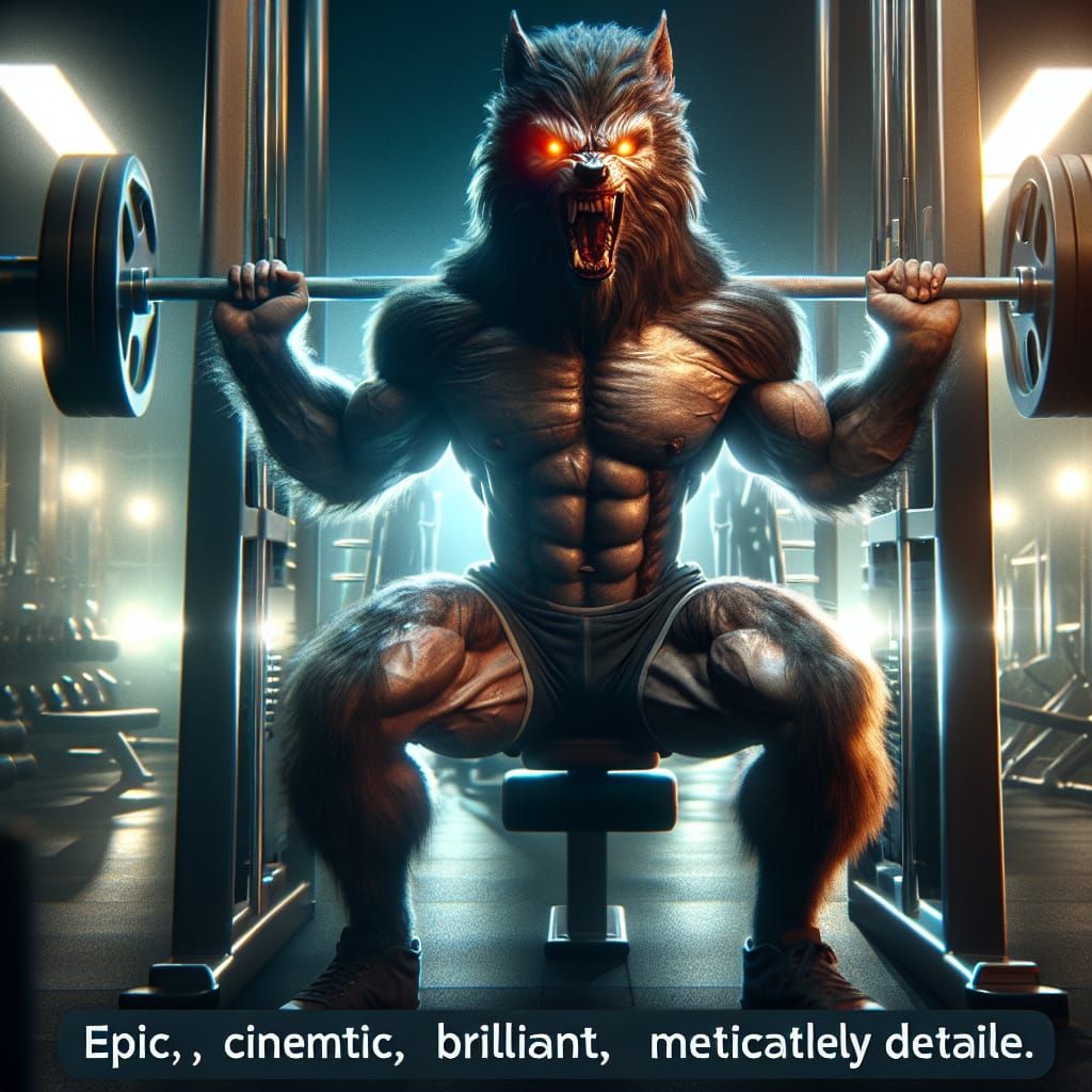 Menacing Werewolf Doing Squats in Gym: Digital Painting