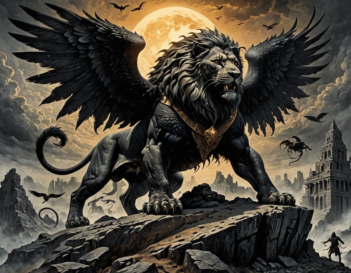 Fearsome Sphinx in Dark Fantasy Landscape