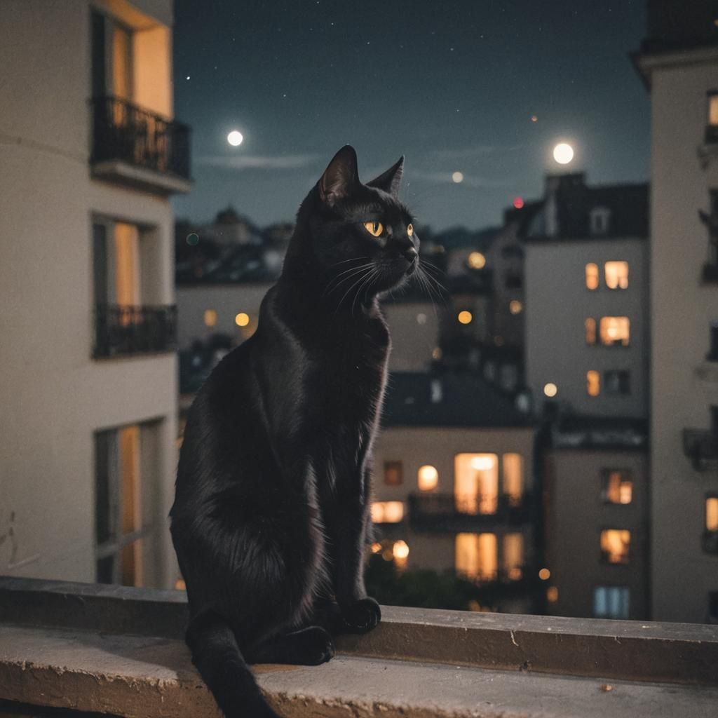 Black Cat Balcony Night Scene