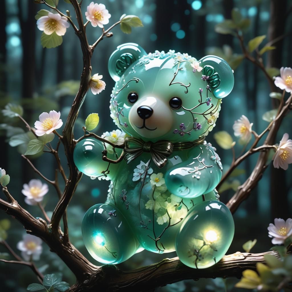 A hyper-realistic digital artwork of a delicate and transparent jade crystal glass sculpture of a teddy bear filled with...