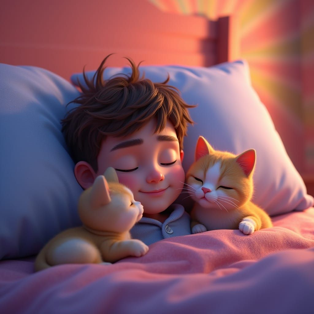 Cozy Bedtime Scene with Cats in 3D Style