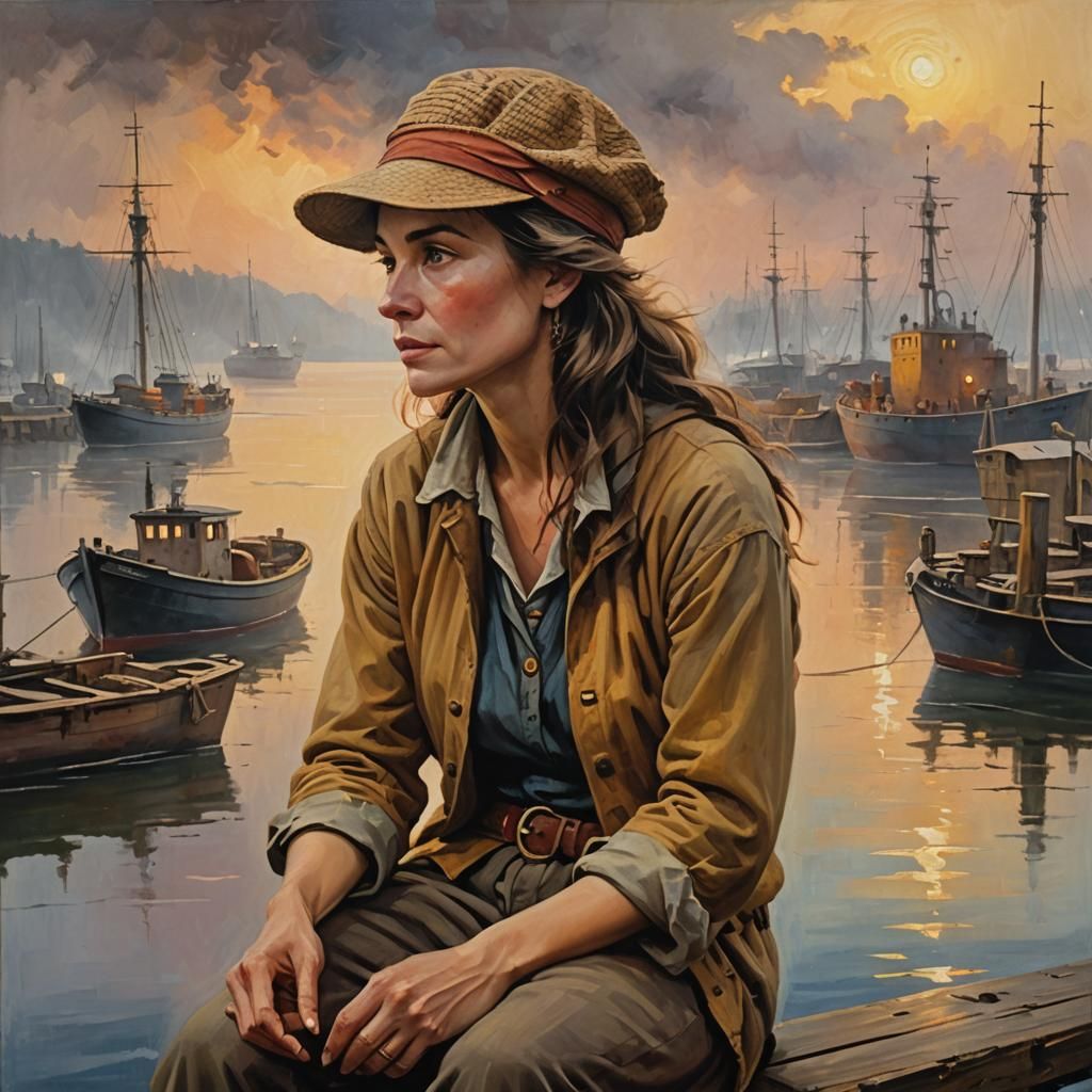 Woman on Dock: Vibrant Oil Painting at Dawn