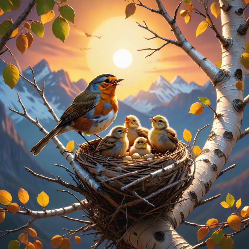 Robin Sings to Chicks: Hyperrealistic Nature Art