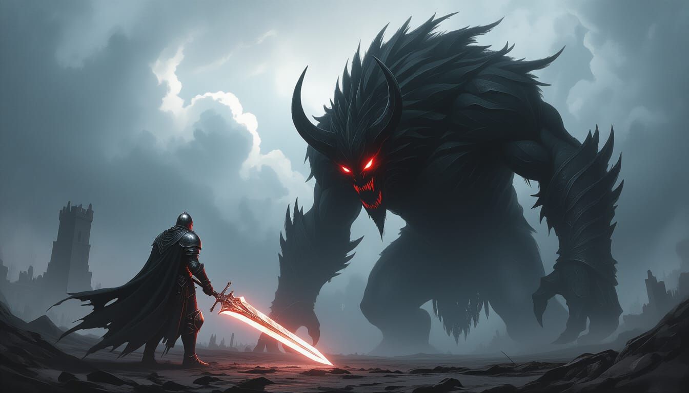 Dark Fantasy Knight Battles Colossal Shadow Beast