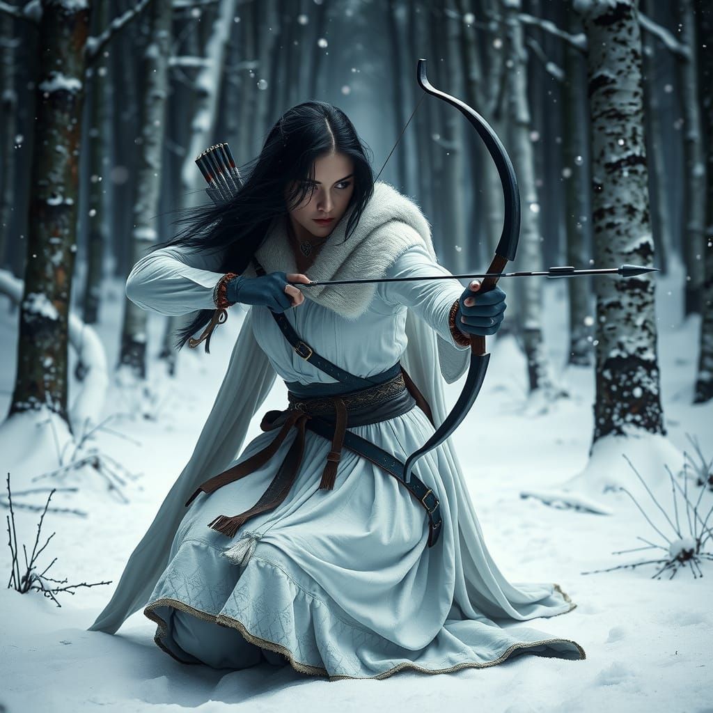 Menacing Woman Warrior in Snowy Winter Forest