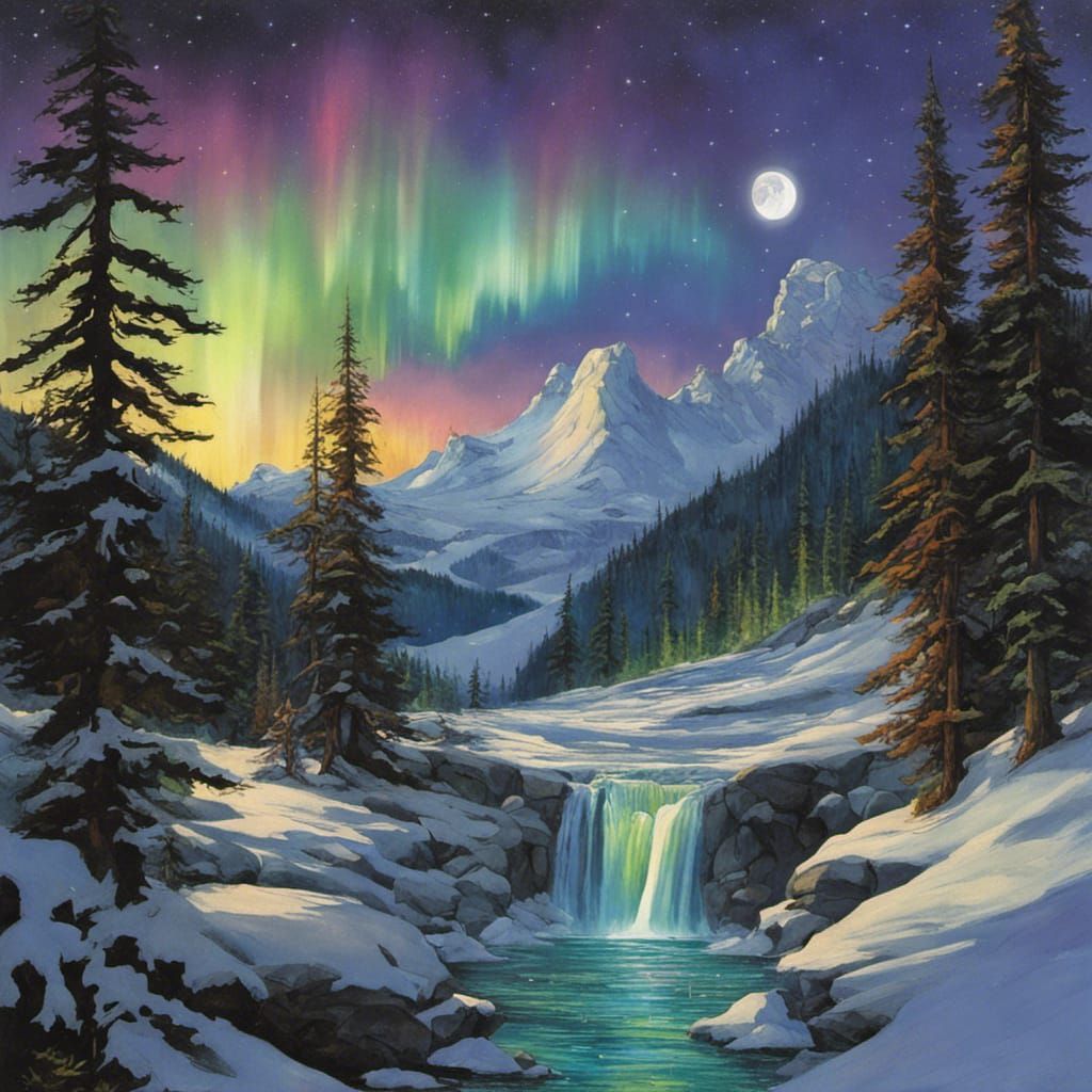 Majestic Aurora Borealis Over Frozen Mountainscape