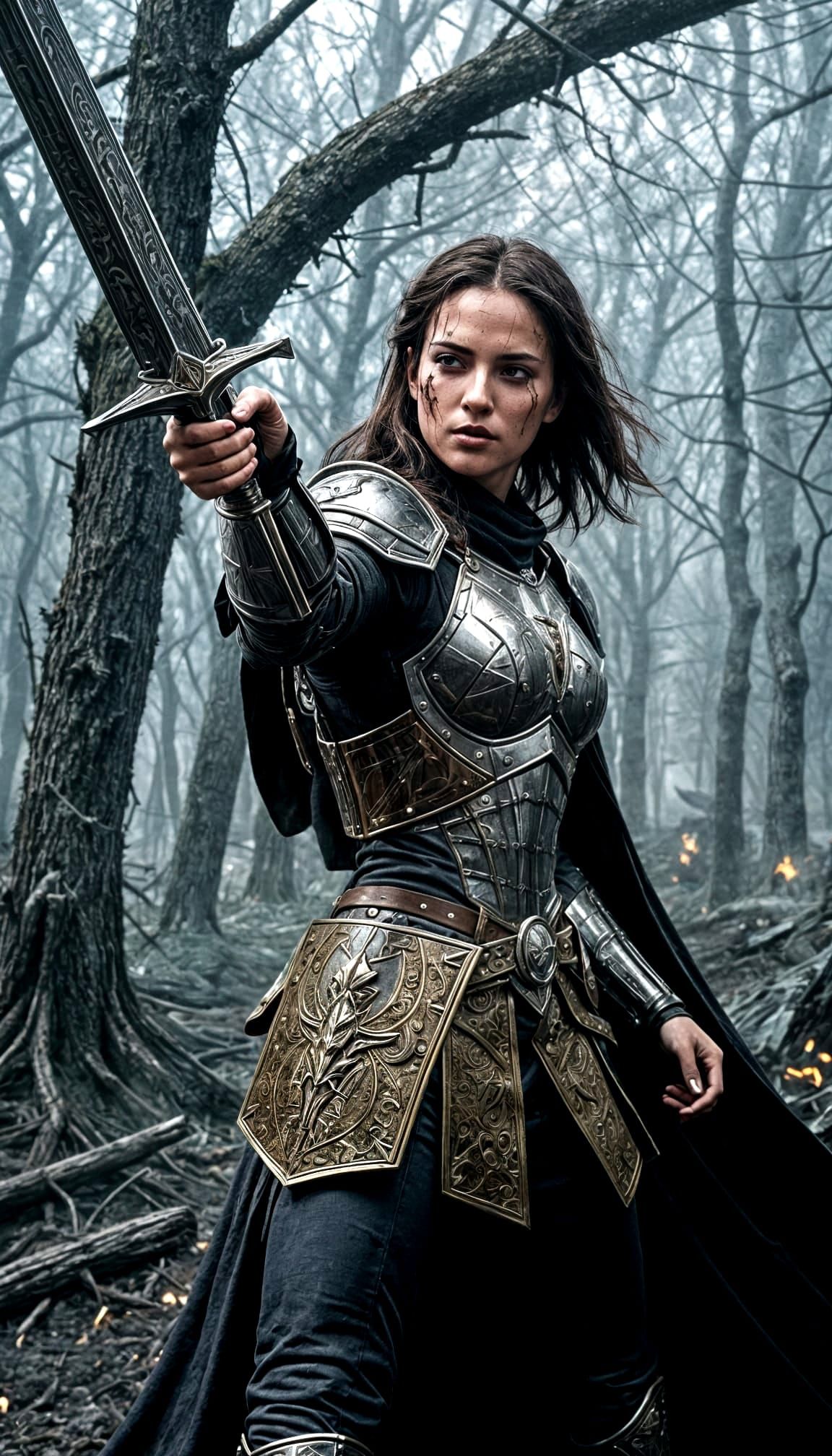 Futuristic Templar Warrior on Dark Battlefield