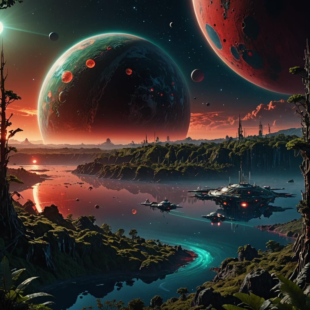Vibrant Alien Moon Orbiting Gas Giant in Sci-Fi Art