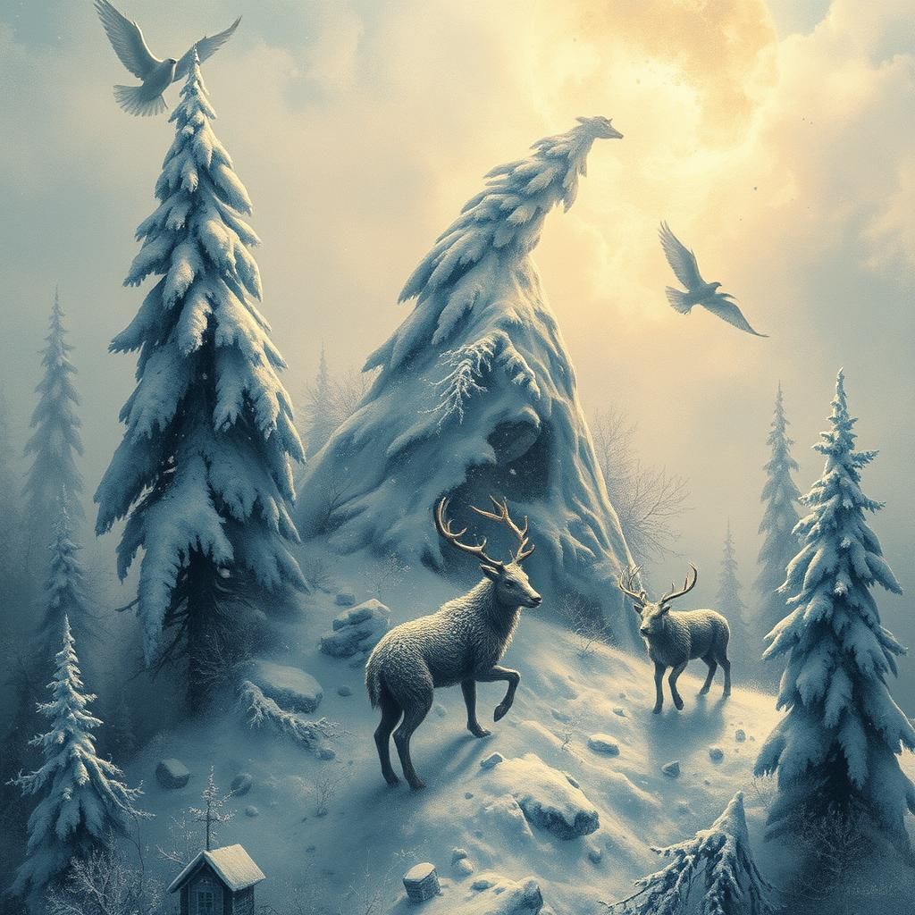 Jack Frost Ink Art with Winter Creatures