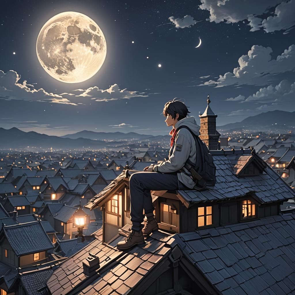 Starry Night Anime Art on a Rooftop