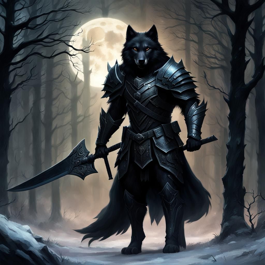 Black Wolf Warrior in Dark Fantasy Forest