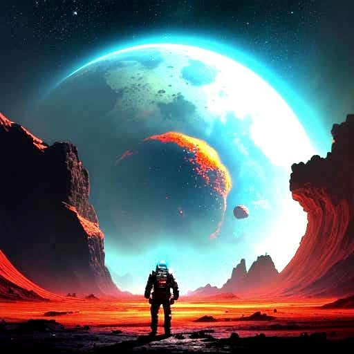 Child Astronaut Watches Fiery Debris on Alien Planet