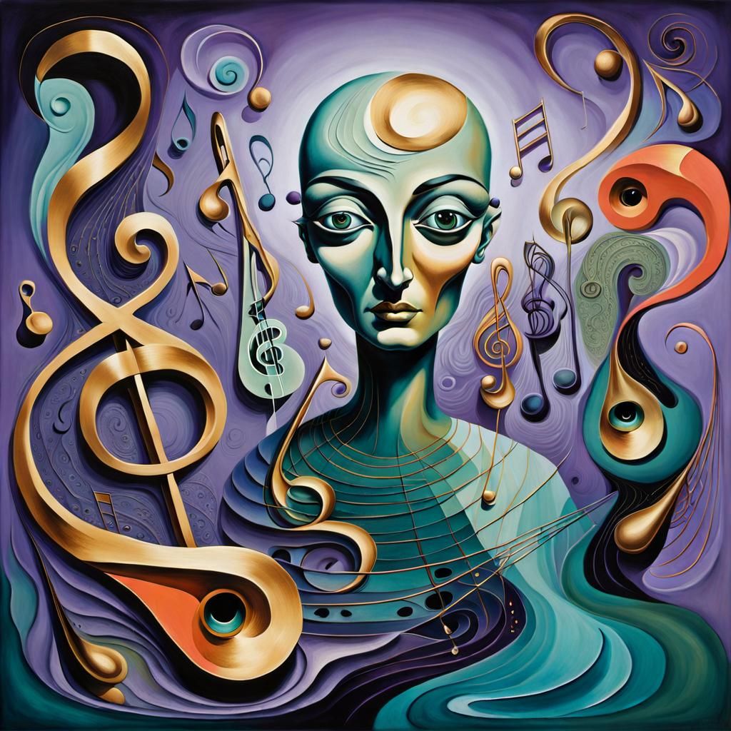 Surreal Figures Interact with Musical Notes