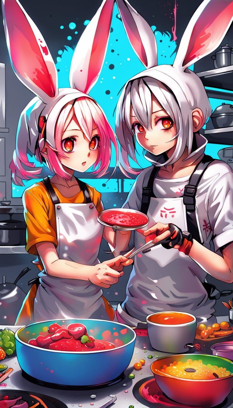 Cyberpunk Rabbit Girl Cooking: Anime-Inspired Street Art