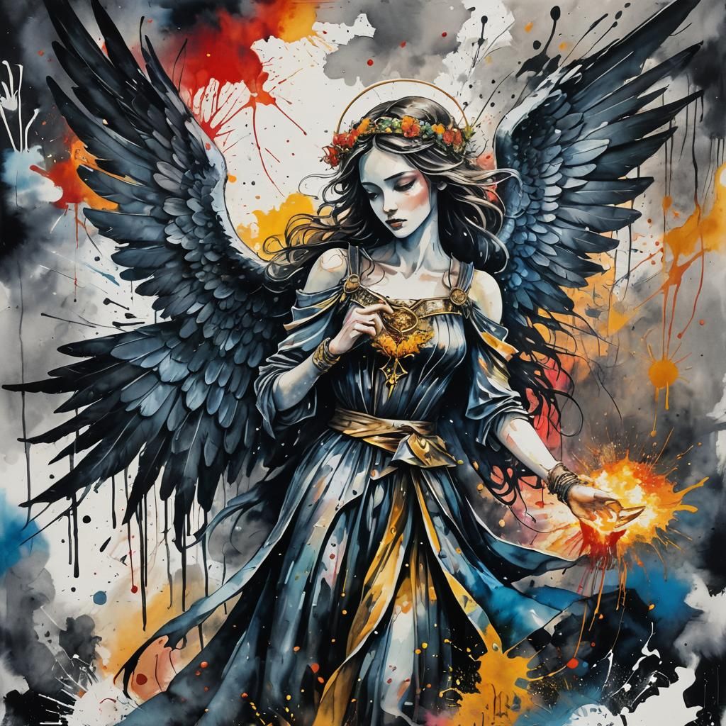 Archangel's Forbidden Love: Watercolor Graffiti Art