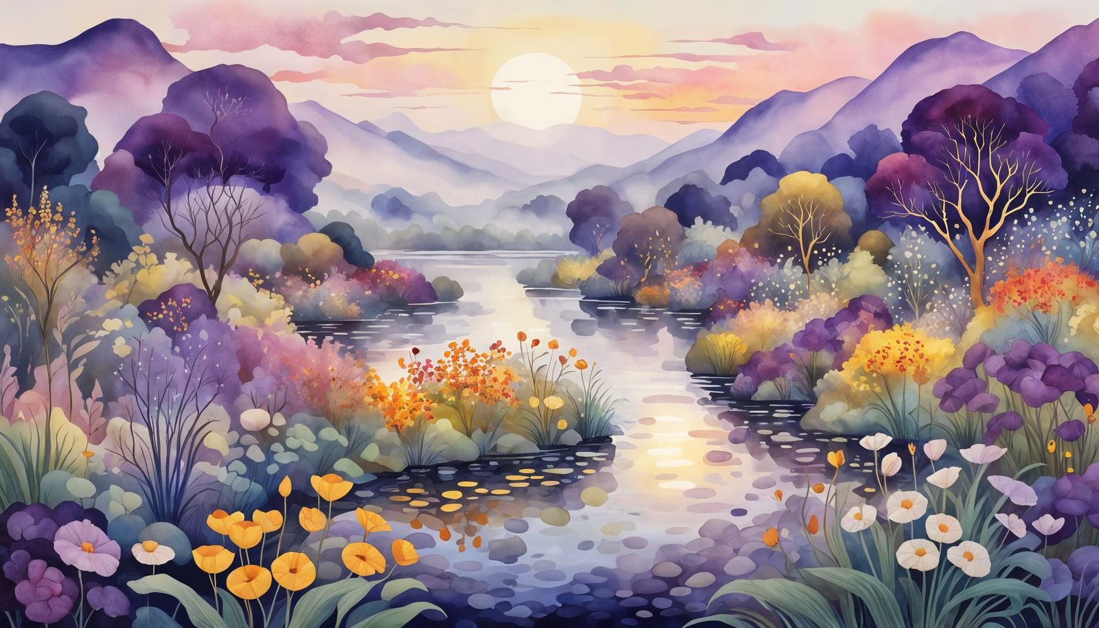 Ethereal Dawn Landscape in Gustav Klimt Style