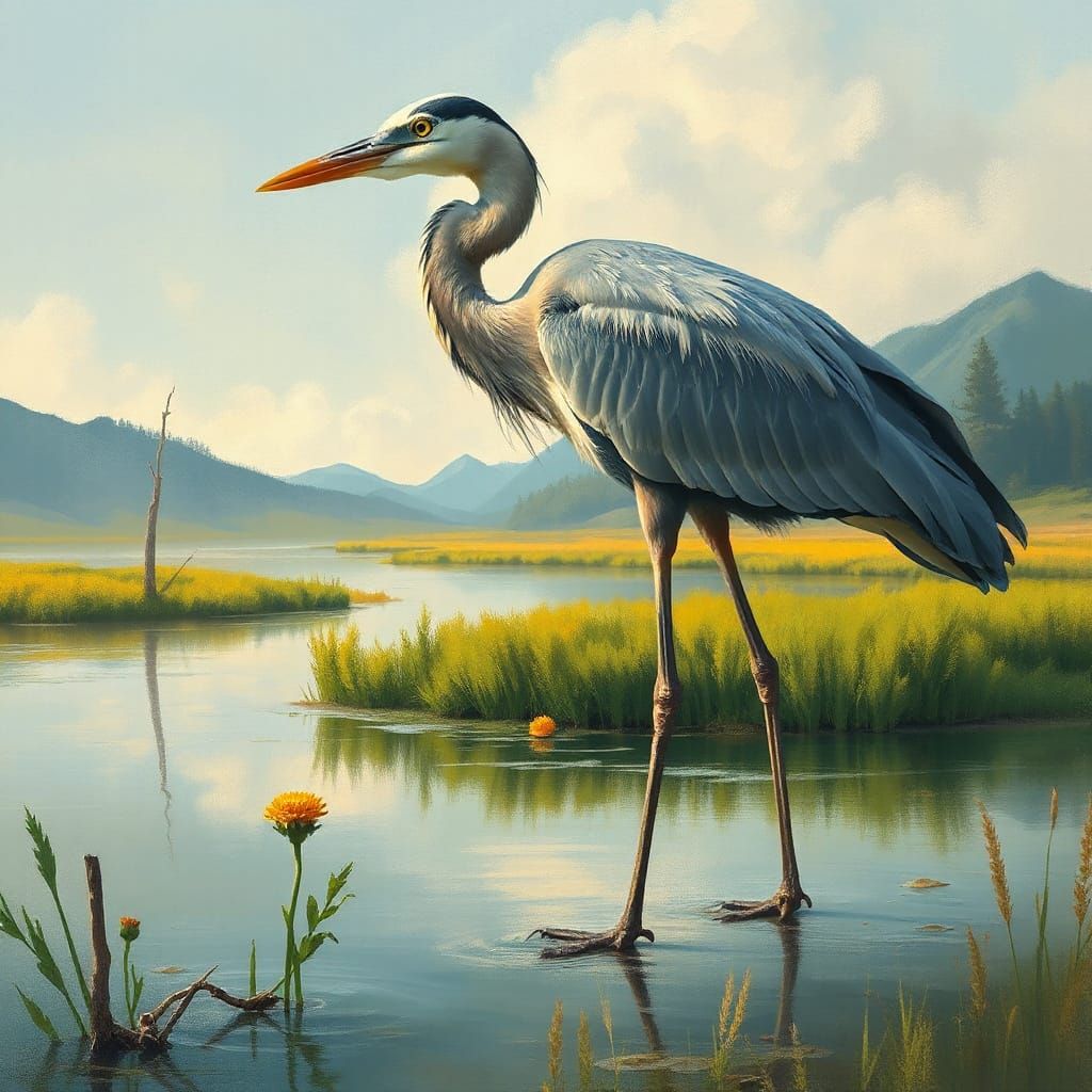 Blue Heron in Wetland Landscape Digital Painting