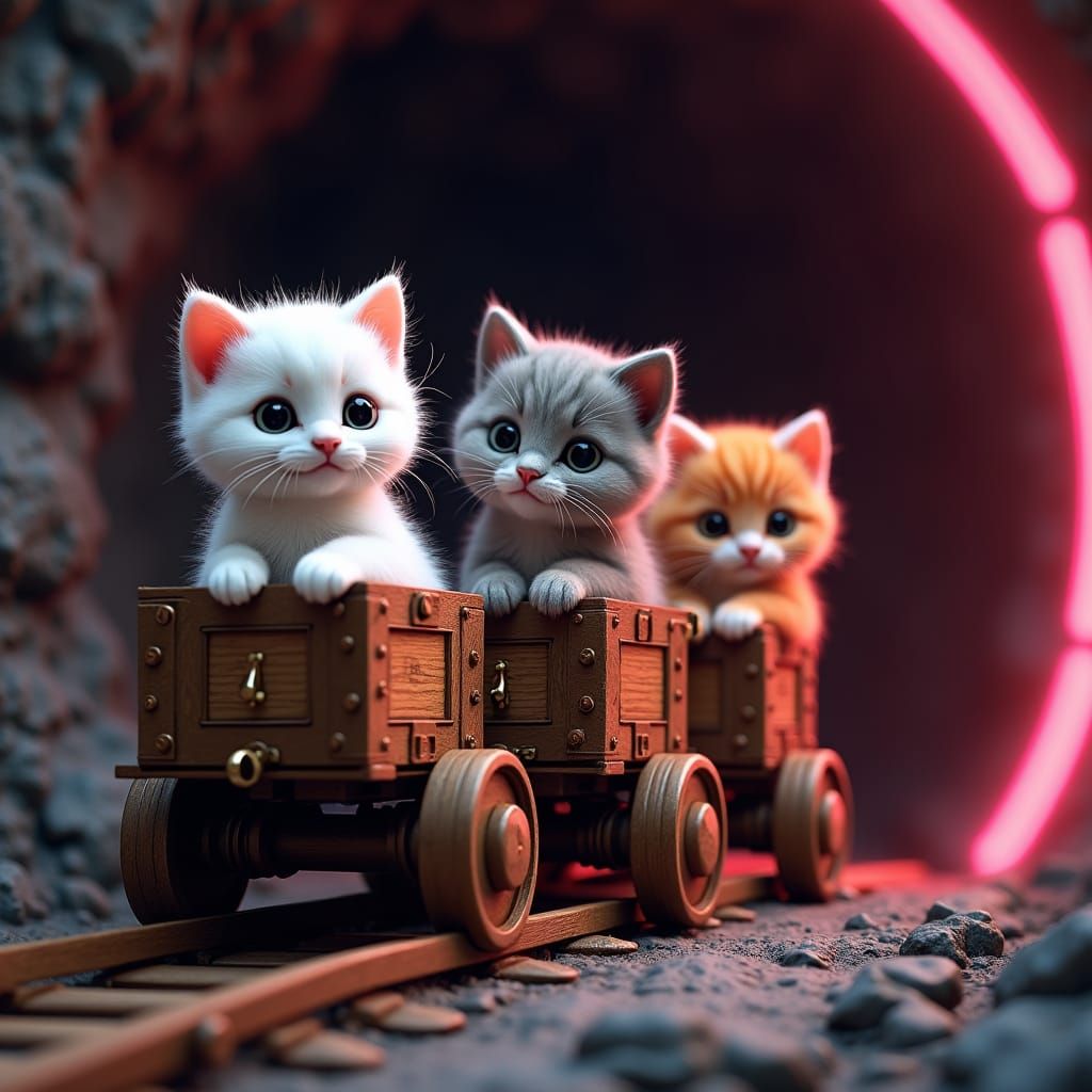 Three adorable baby kittens, each with large, round eyes and soft, fluffy fur in distinct colors - one white, one grey, ...