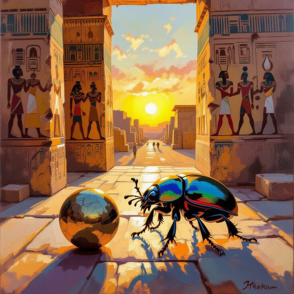 Scarab Beetle at Egyptian Temple in Impasto Style