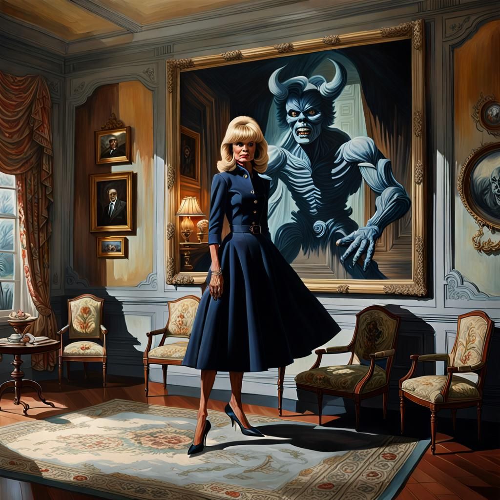 Terrified Woman in Drawing Room: Photorealistic Oil Painting