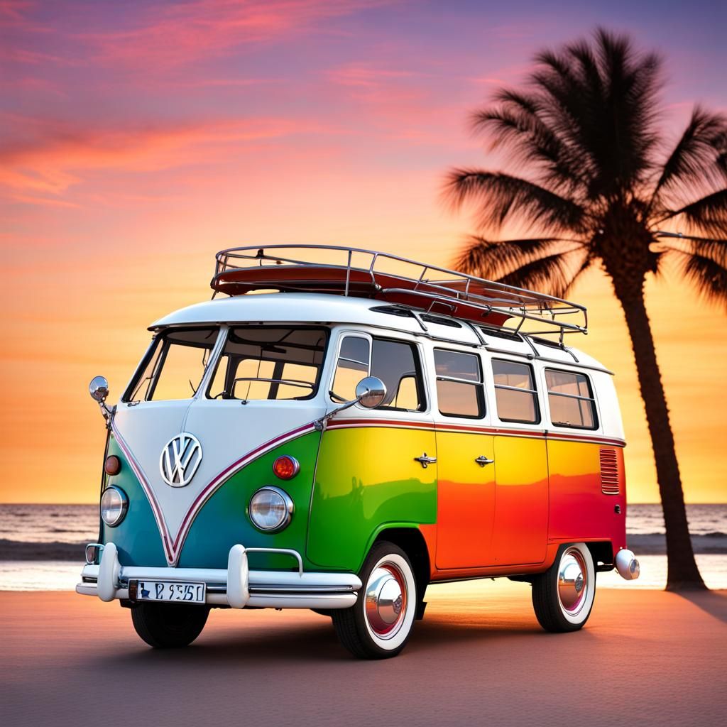 Colorful Volkswagen T1 Samba at Sunset Beach