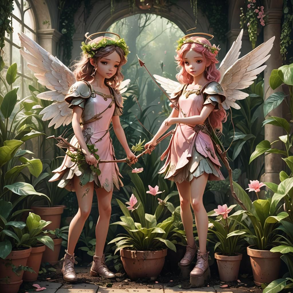 Angel Girls Transplanting Plants: Watercolor Fantasy Art