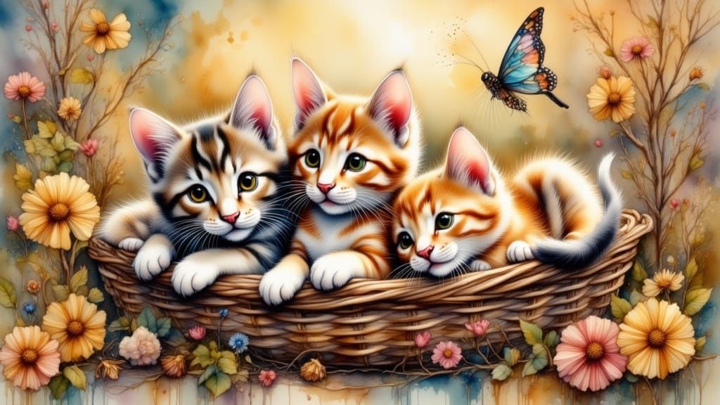 Charming Vintage-Style Kittens in a Cozy Basket