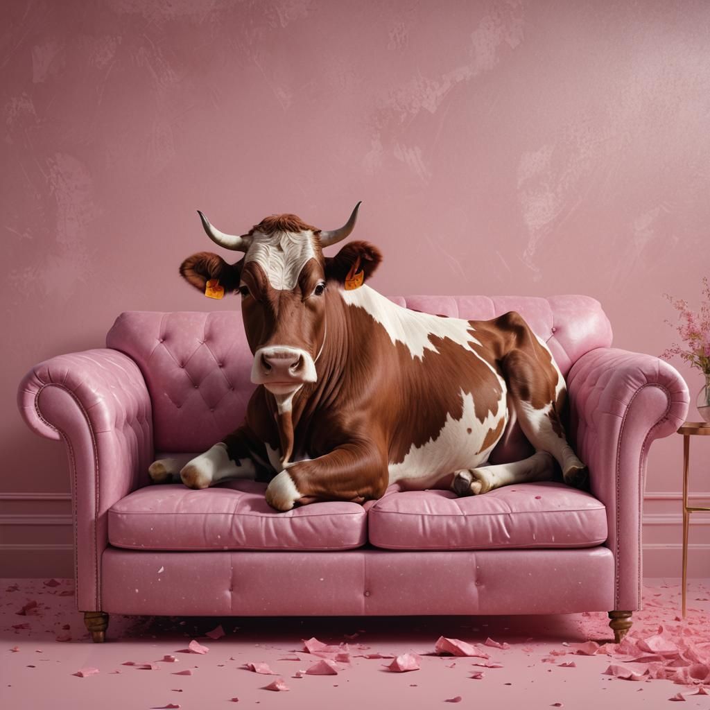 single realistic brown cow laying on a pink sofa with simple...