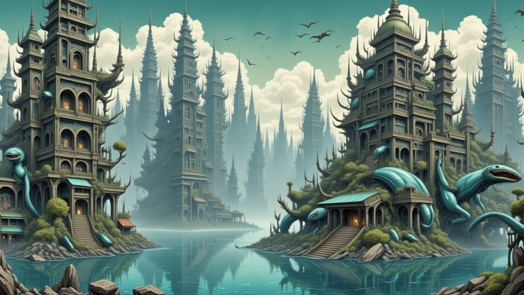 Underwater Metropolis in Yoshitaka Amano Style