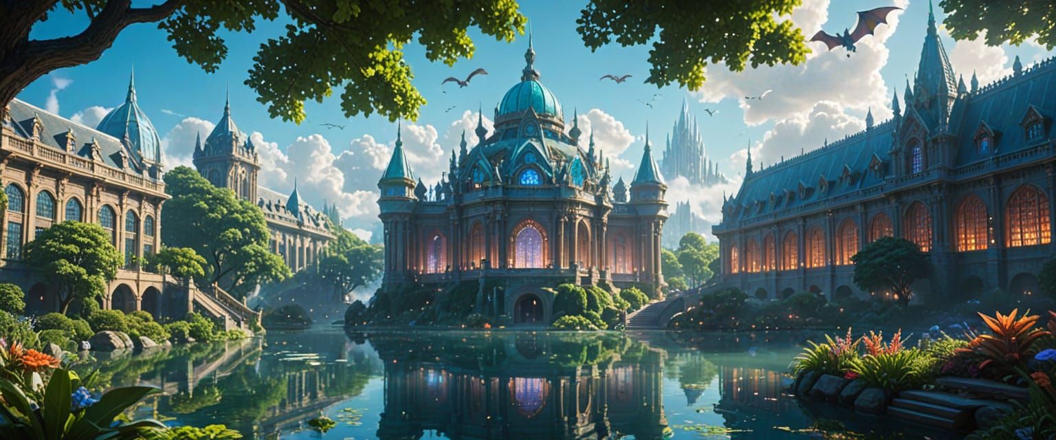 Futuristic Cityscape: Majestic Library with Fantasy Creature...