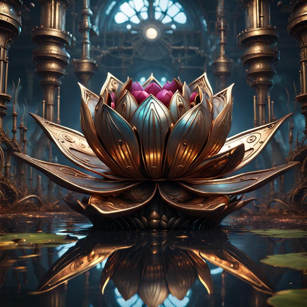 Steampunk Metal Lotus Flower in Detailed Matte Painting